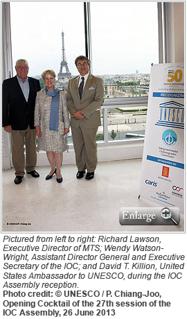 Pictured from left to right: Richard Lawson, Executive Director of MTS; Wendy Watson-Wright, Assistant Director General and Executive Secretary of the IOC; and David T. Killion, United States Ambassador to UNESCO, during the IOC Assembly reception.