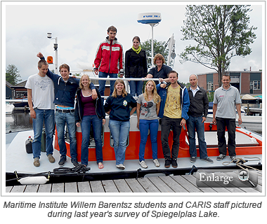 Maritime Institute Willem Barentsz students and CARIS staff pictured during last year's survey of Spiegelplas Lake.