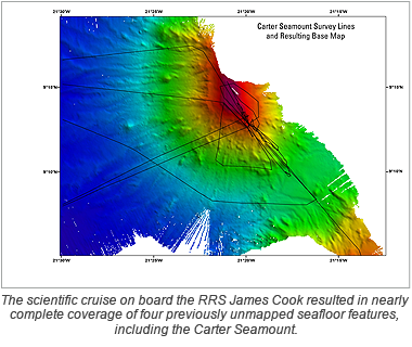 The scientific cruise on board the RRS James Cook resulted in nearly complete coverage of four previously unmapped seafloor features, including the Carter Seamount.