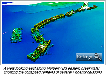 A view looking east along Mulberry B’s eastern breakwater showing the collapsed remains of several Phoenix caissons.