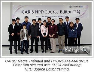 CARIS’ Nadia Thériault and HYUNDAI e-MARINE’s Peter Kim pictured with KHOA staff during HPD Source Editor training.