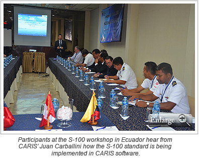 Participants at the S-100 workshop in Ecuador hear from CARIS’ Juan Carballini how the S-100 standard is being implemented in CARIS software.