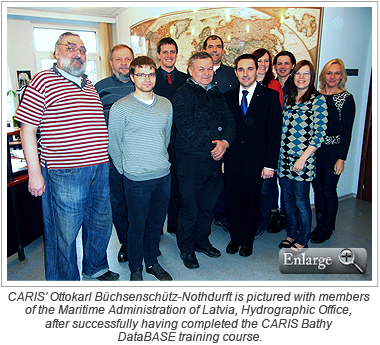 CARIS’ Ottokarl Büchsenschütz-Nothdurft is pictured with members of the Maritime Administration of Latvia, Hydrographic Office, after successfully having completed the CARIS Bathy DataBASE training course.