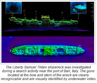 The Liberty Samuel Tilden shipwreck was investigated during a search activity near the port of Bari, Italy. The guns located at the bow and stern of the wreck are clearly recognizable and are visually identified by underwater video.