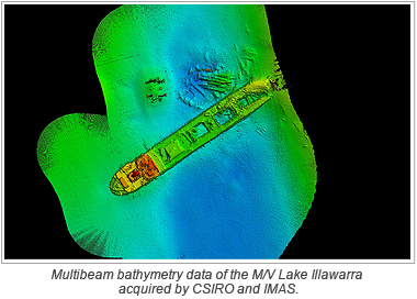 Multibeam bathymetry data of the M/V Lake Illawarra acquired by CSIRO and IMAS.
