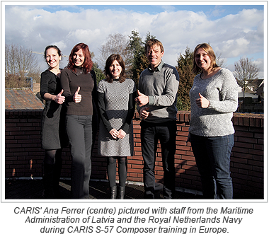 CARIS' Ana Ferrer (centre) pictured with staff from the Maritime Administration of Latvia and the Royal Netherlands Navy during CARIS S-57 Composer training in Europe.