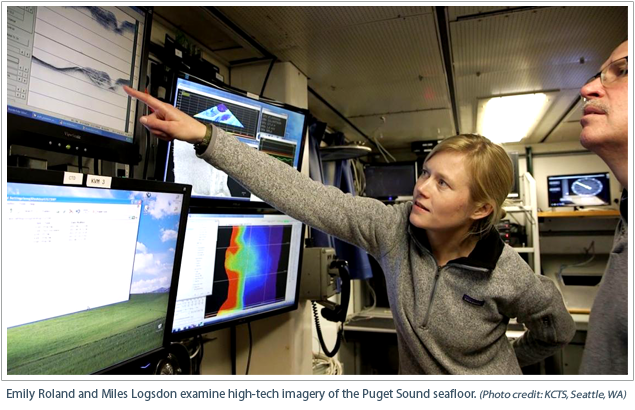 Emily Roland and Miles Logsdon examine high-tech imagery of the Puget Sound seafloor.